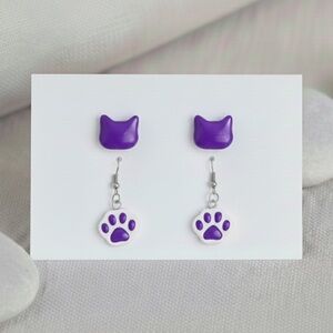 Cat Resin Earring Set - Handmade - Hypoallergenic - Purple